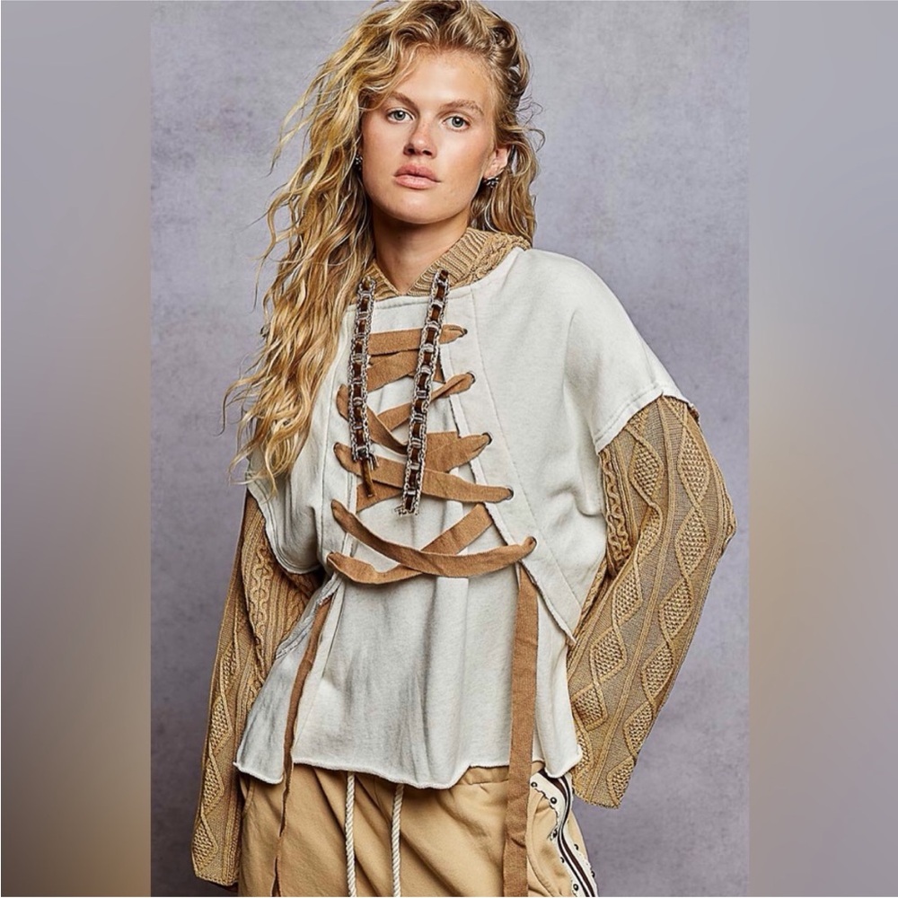 POL Cream and Tan Lace-Up Sweatshirt NWOT